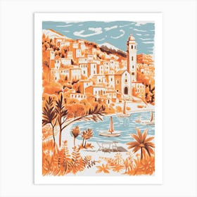 Italy, Portofino Cute Illustration In Orange And Blue 0 Art Print