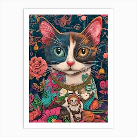 Cat With Flowers Art Print