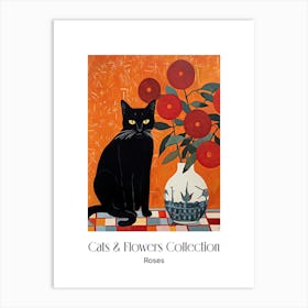 Cats & Flowers Collection Rose Flower Vase And A Cat, A Painting In The Style Of Matisse 4 Art Print