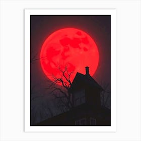 Red Moon Over House Art Print