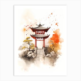 Japanese Pagoda Sumi-e Art Print