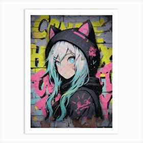 Kawaii Aesthetic Nekomimi Anime Cat Girl Urban Graffiti Style Art Print