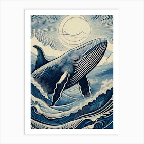 Leaping Blue Whale Linocut Art Print