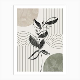 Boho Botanical Art, Sage Green, Black and Beige Mid-Century Modern, Abstract Line 1 Art Print
