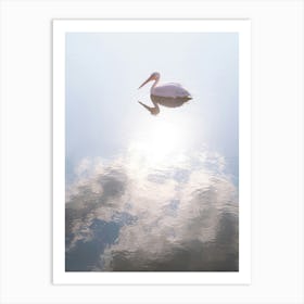 A Pelican And A Cloud In Glossy Blue Water Art Print