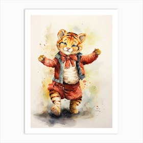 Tiger Illustration Dancing Watercolour 4 Art Print