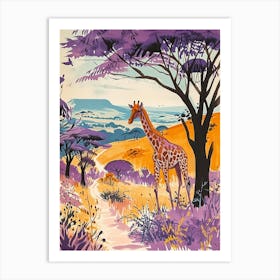 Lilac Giraffe Watercolour Inspired Illustration Under The Acacia Tree 1 Art Print