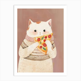 Cute White Cat Pizza Lover Folk Illustration 4 Art Print