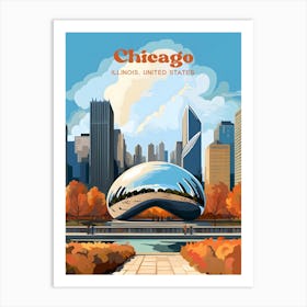 Chicago Illinois United States Cloud Gate Travel Illustration Art Print