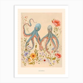 Folksy Floral Animal Drawing Octopus 4 Poster Art Print