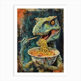 Dinosaur Eating Ramen Blue Brushstroke 1 Art Print