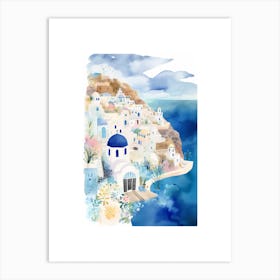 Santorini Cute Watercolour Painting Art Print