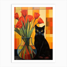 Black Cat With Red Tulips Art Print