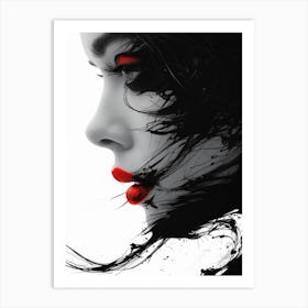 Cracked Realities: Red Ink Rendition Inspired by Chevrier and Gillen: Portrait Of A Woman With Red Lipstick Art Print