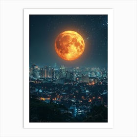 Full Moon Over City At Night Art Print