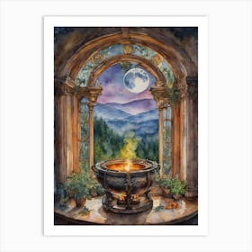 Spell Casting - Witch's Cauldron Fairytale Watercolor Art by Lyra the Lavender Witch - Pagan Witchcraft Witches Brew Potion Making on the Full Moon Magick Wicca Witchcore Gallery Feature Wall Beautiful Colorful Cottagecore Art Print