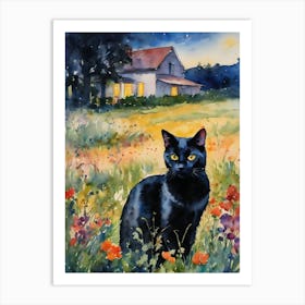 Black Cat by The Farmhouse at Night in a Flowery Meadow Iconic Landscape Traditional Watercolor Art Print Kitty Travels Home and Room Wall Art Cool Decor Klimt and Matisse Inspired Modern Awesome Cool Unique Pagan Witchy Witches Familiar Gift For Cat Lady Animal Lovers World Travelling Genuine Works by British Watercolour Artist Lyra O'Brien Art Print