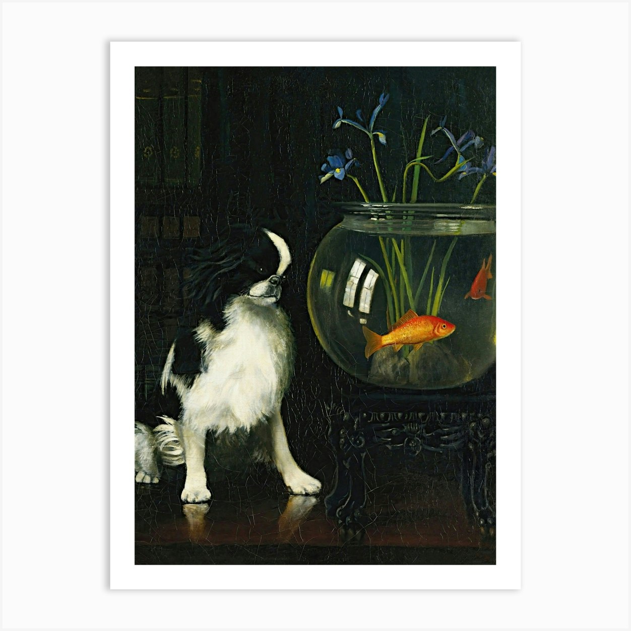 Dog Looking at Goldfish Bowl, Japanese Chin Vintage Dog Art Art Print by Vibrant Vintage