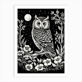 B&W Bird Linocut Eastern Screech Owl Art Print