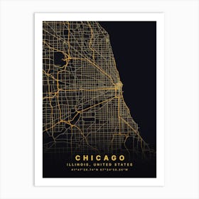 Chicago Illinois USA Black And Gold Map Art Print