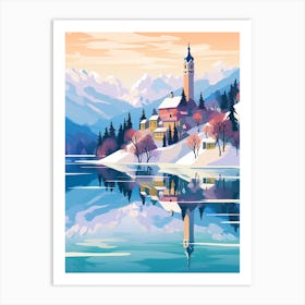 Vintage Winter Travel Illustration Lake Bled Slovenia 1 Art Print