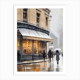 Paris cafes, winter season, Christmas, autumn oil colors, pale colors, pedestrians in the street, winter clothes, falling snow.Christmas decorations.1 1 Art Print