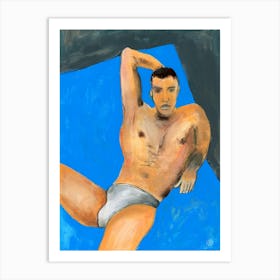 Man On Blue - male nude homoerotic gay art man underwear naked body Art Print