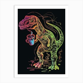 Neon Dinosaur Drinking Coffee Art Print