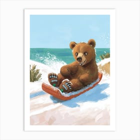 Brown Bear Cub Sledding Down A Snowy Hill Storybook Illustration 3 Art Print