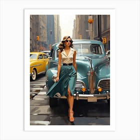 New York Middle 20th Century Walking Girl Retro Cars 6 Art Print