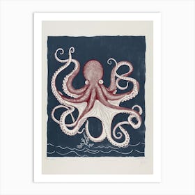 Red & Navy Blue Octopus In The Ocean Linocut Inspired 3 Art Print