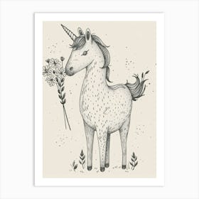 Unicorn And A Bouquet Of Flowers Black And White Doodle 1 Art Print