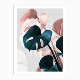 Monstera Leaves Pink and Green Metallic_2058442 Art Print