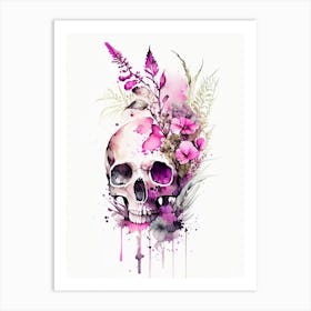 Skull With Watercolor Or Splatter Effects Pink 3 Botanical Art Print