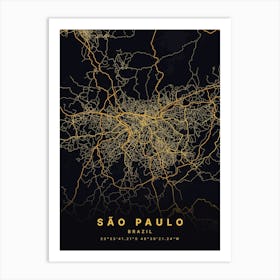 Sao Paulo Brazil Black And Gold Map Art Print