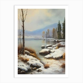 Ancient landscapes, old winter oil paintings and rocks around the lake bank. Snow is falling on the lake, old colors.3 1 Art Print