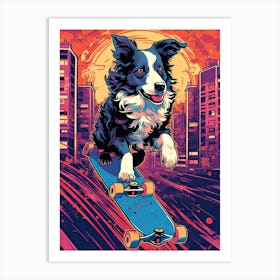 Border Collie Dog Skateboarding Illustration 3 Art Print