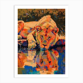 Asiatic Lion Drinking From A Watering Hole Fauvist Painting 3 Art Print