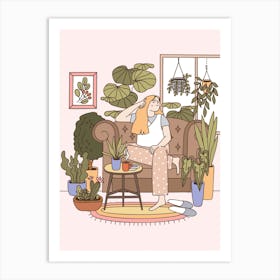 Girl In A Room With Plants Art Print