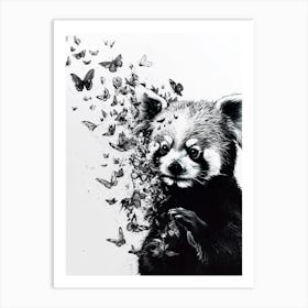 Red Panda Cub Playing With Butterflies Ink Illustration 1 Art Print