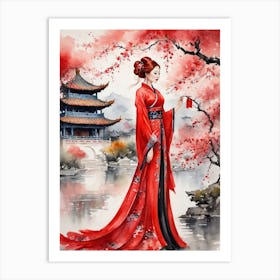 Chinese Woman In Red Dress Art Print