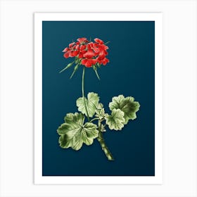 Vintage Scarlet Geranium Botanical Art on Teal Blue Art Print