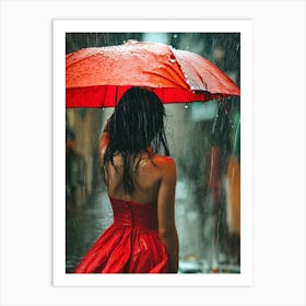 Woman In Red Dress In The Rain Art Print