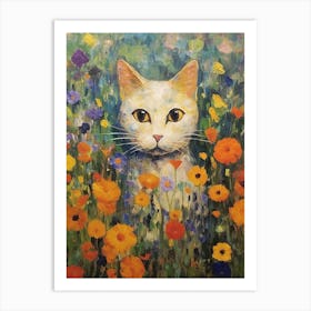 Flower Garden And A White Cat, Inspired By Klimt 2 Art Print