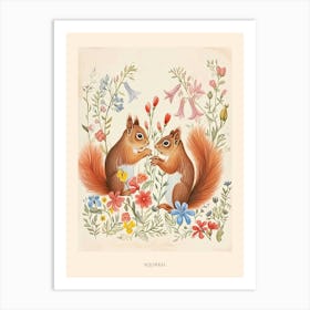 Folksy Floral Animal Drawing Squirrel Poster Art Print