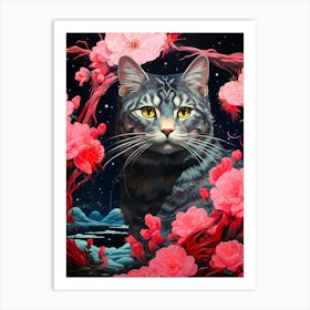 Cat In Cherry Blossoms Art Print