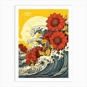 Great Wave With Sunflower Flower Drawing In The Style Of Ukiyo E 4 Art Print