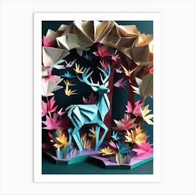 Origami Deer Birds Tree Nature Colorful Art Print