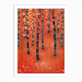 Birch Aspen Tree Forest Landscape Red Art Print