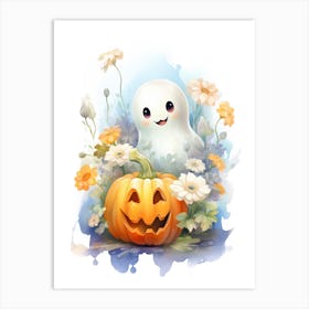 Cute Ghost With Pumpkins Halloween Watercolour 54 Art Print